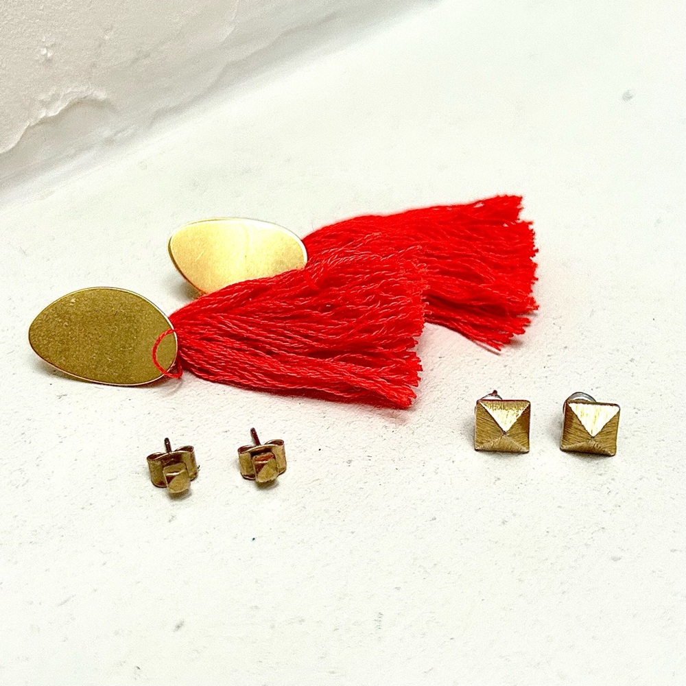 Madewell Earring Bundle (2 sets of brass studs, 1 red tassel set)
